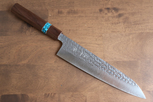 Thương hiệu Yu Kurosaki dòng Ánh Sáng Senko thép R2/SG2 dao rèn thủ công Dao đa năng Gyuto dao Nhật 210mm chuôi dao gỗ cây óc chó (bọc xanh ngọc lam)