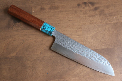 Marke Yu Kurosaki Leichte Serie Senko-Stahl R2/SG2 handgeschmiedetes Messer Santoku-Mehrzweckmesser Japanisches Messer 165 mm Griff aus Palisander (türkis beschichtet)