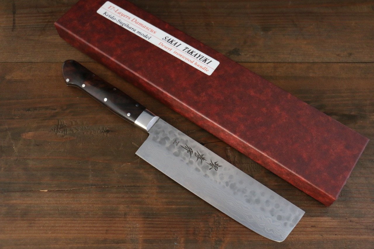 Sakai Takayuki 17 Layer Damascus VG10 Japanese Nakiri Chef Knife with Desert Iron Wood Handle 160mm - Japanny - Best Japanese Knife