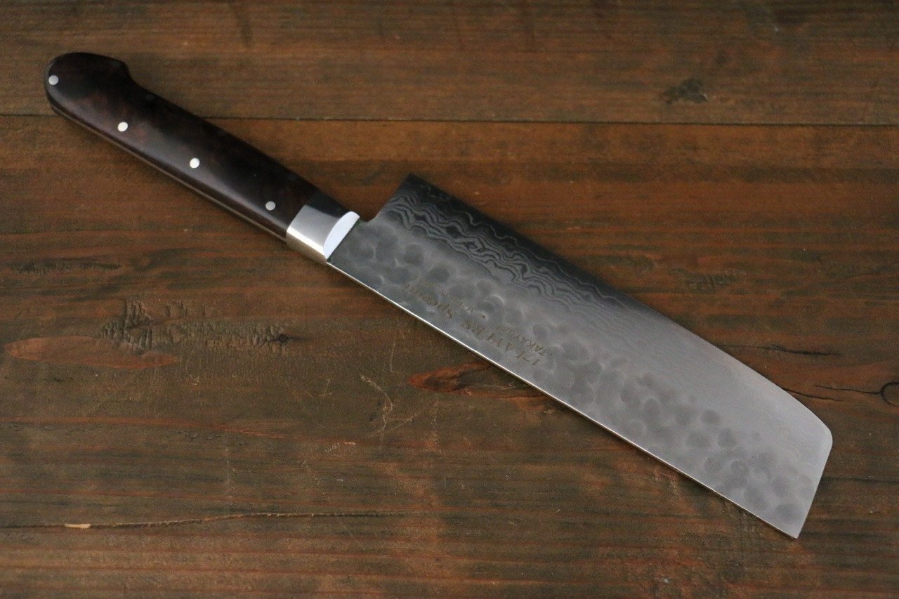 Sakai Takayuki 17 Layer Damascus VG10 Japanese Nakiri Chef Knife with Desert Iron Wood Handle 160mm - Japanny - Best Japanese Knife