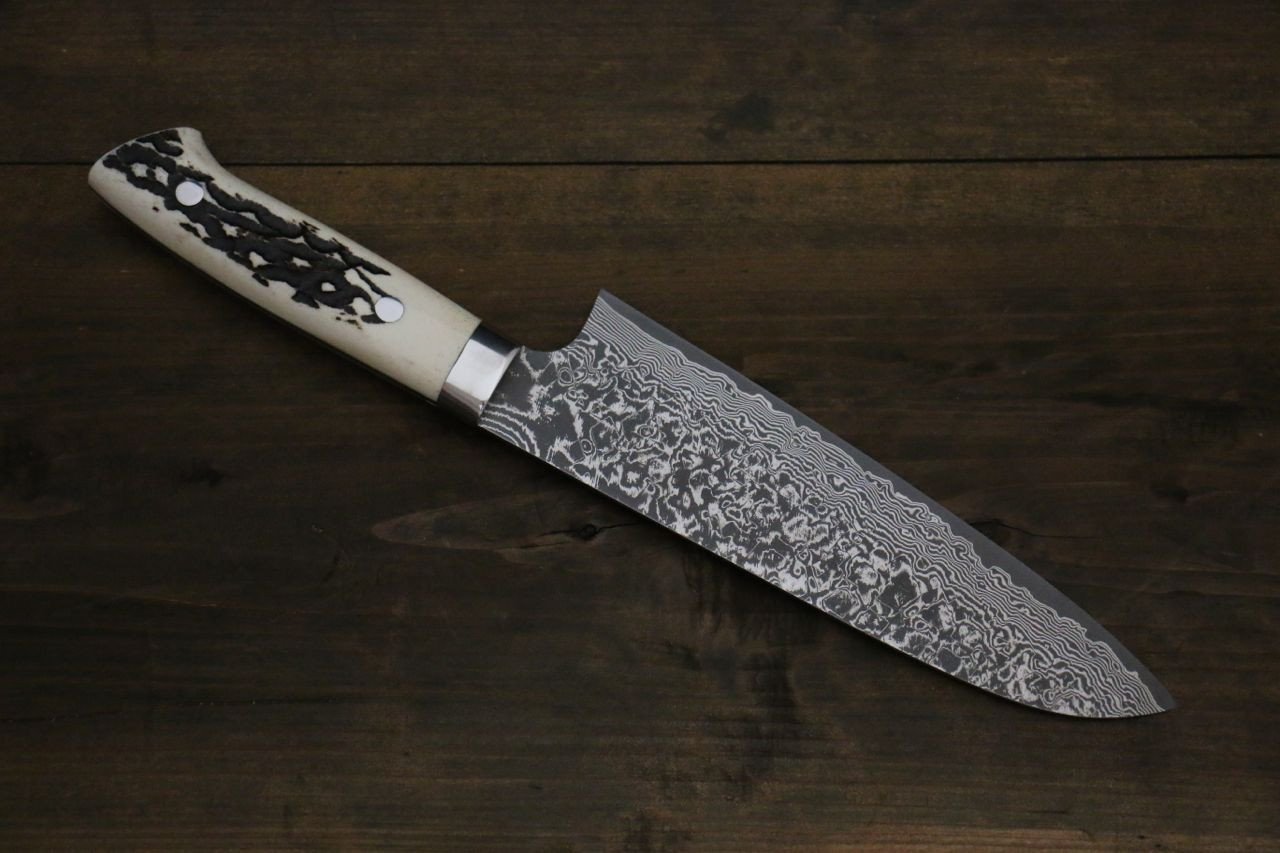 Takeshi Saji R2/SG2 Black Damascus Japanese Santoku Knife with Bone Handle - Japanny - Best Japanese Knife