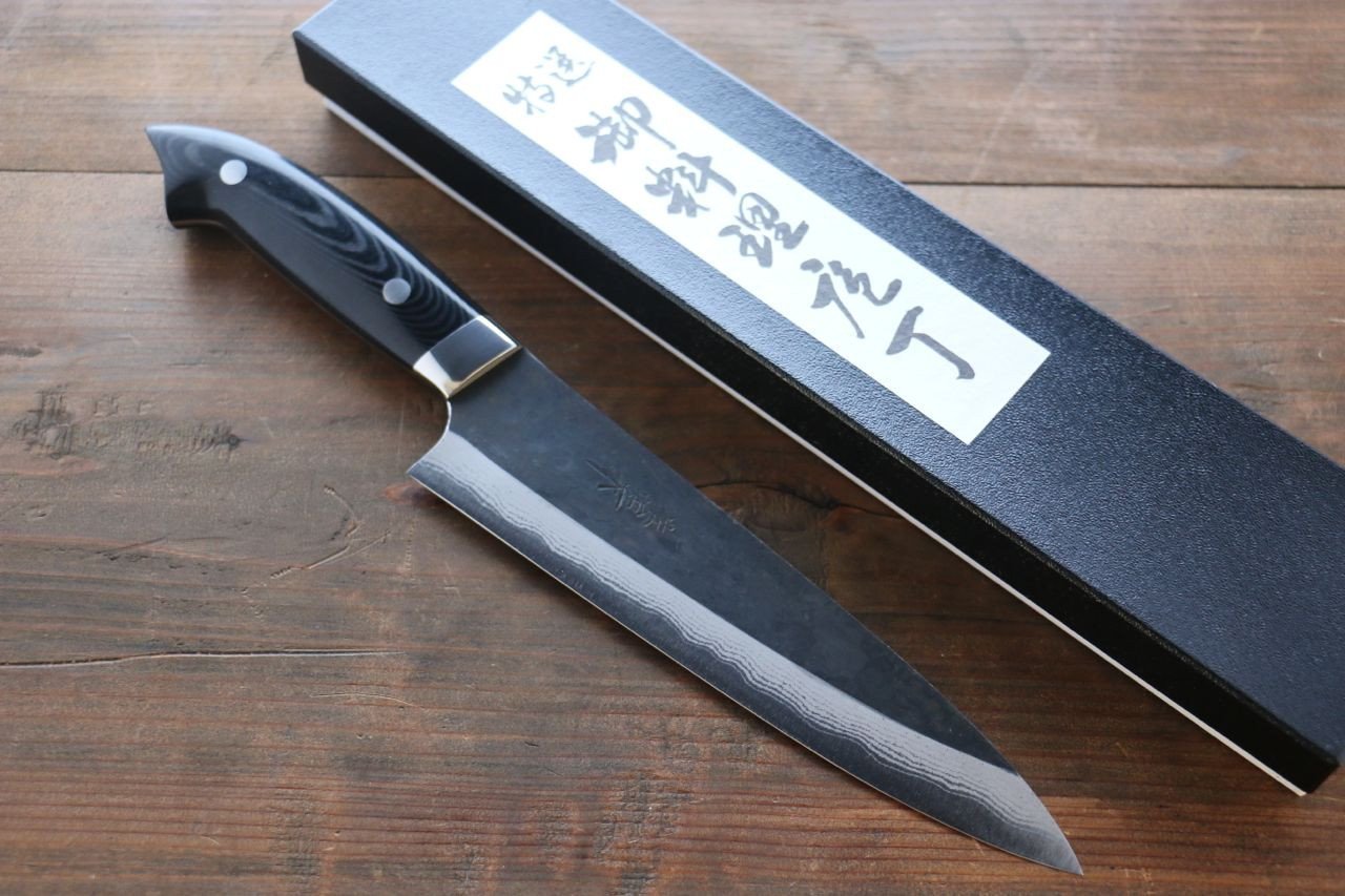 Takeshi Saji Blue Super Kurouchi Damascus Japanese Chef's Gyuto Knife with Nomura Style Micarta Handle 180mm - Japanny - Best Japanese Knife