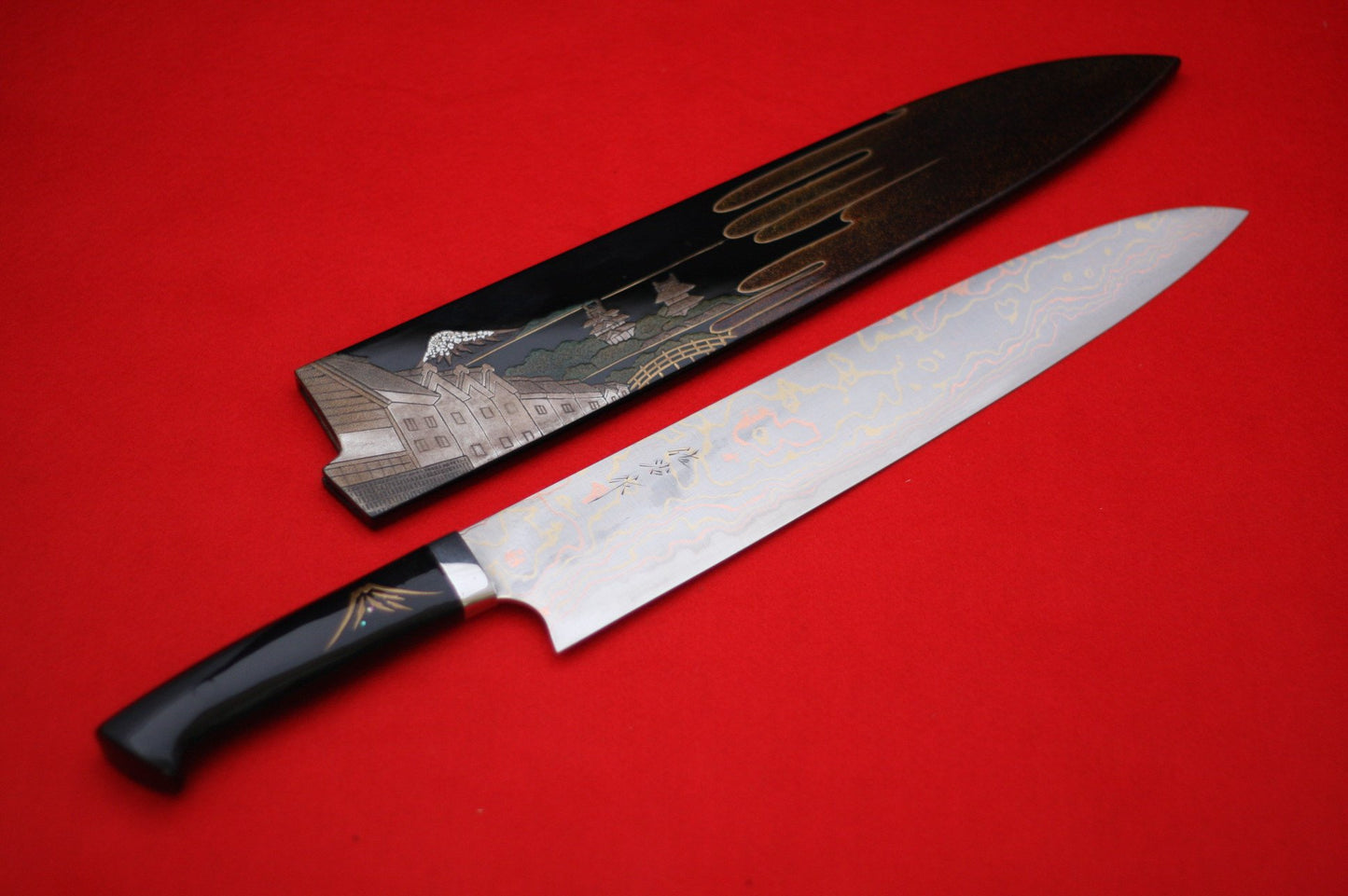 Takeshi Saji Colored Damascus Japanese Gyuto Chef Knife with Maki-e Art Two Japanese Castles 300mm - Japanny - Best Japanese Knife