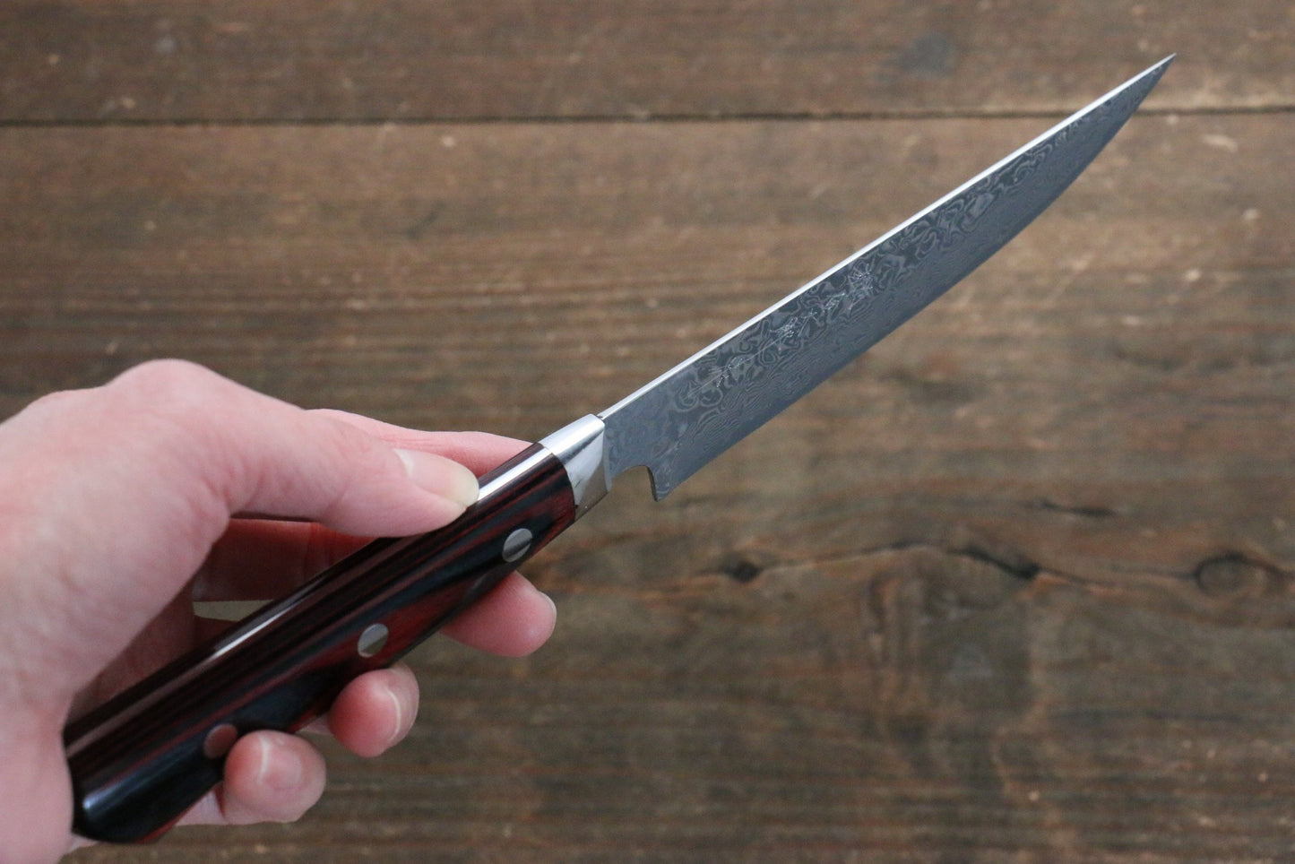 Thương hiệu Yoshimi Kato VG10 Thép Damascus Dao ăn bít tết chuyên dụng dao Nhật 120mm chuôi dao　gỗ ép đỏ
